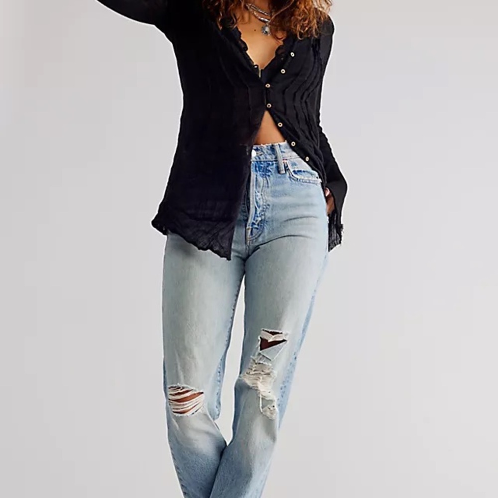 MOTHER Blue Boyfriend Jeans with Distressed Details